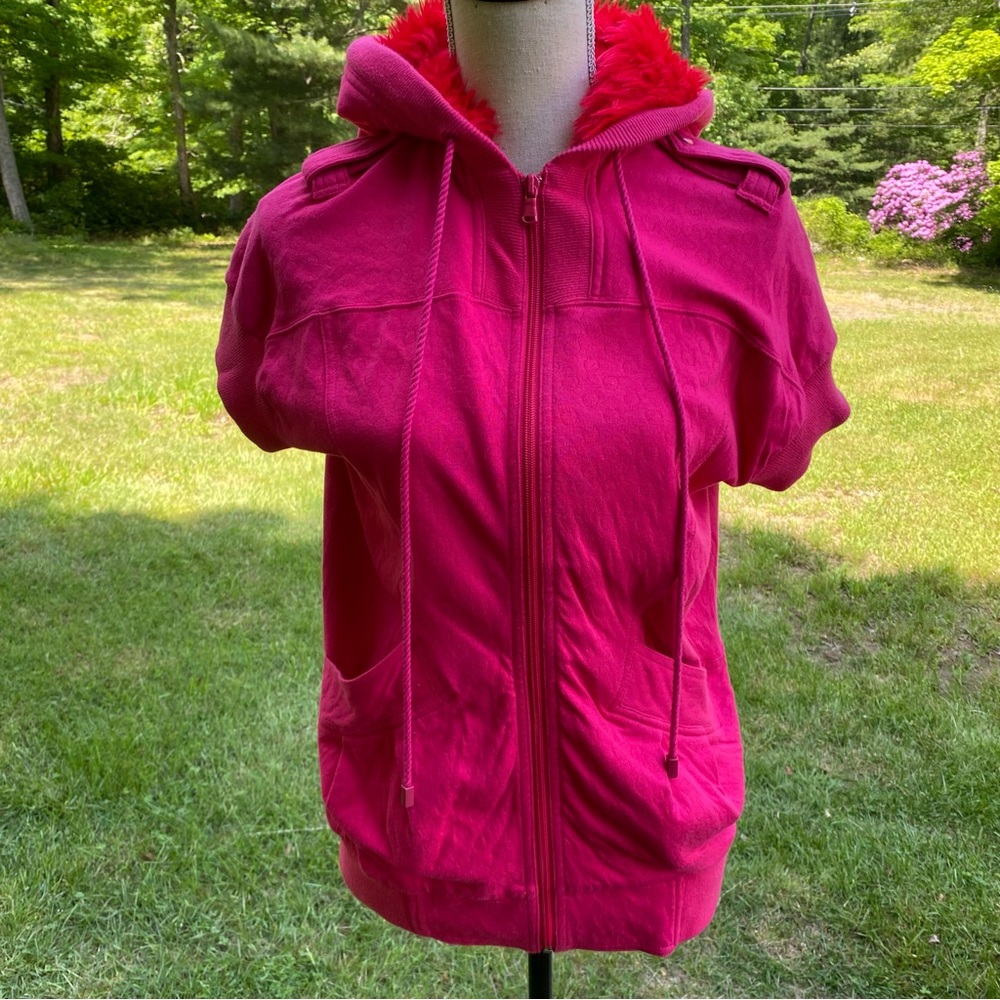 MARC BY MARC JACOBS TOP HOODIE SWEATSHIRT DARK PINK FAUX FUR HOOD ZIPPER SIZE S